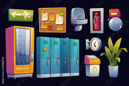 School hallway interior set with lockers, alarm bell, vending machine and bulletin board. Vector contemporary illustration of college corridor equipment, drinking fountain, trash bin and clock