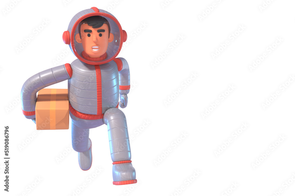 3d render of cheerful astronaut in space suit holding package box. Delivery service concept 3d render of cheerful astronaut in space suit holding package box. Delivery service concept