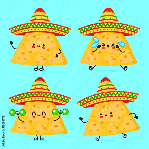 Funny cute happy nachos characters bundle set. Vector hand drawn doodle style cartoon character illustration icon design. Cute nachos mascot character collection