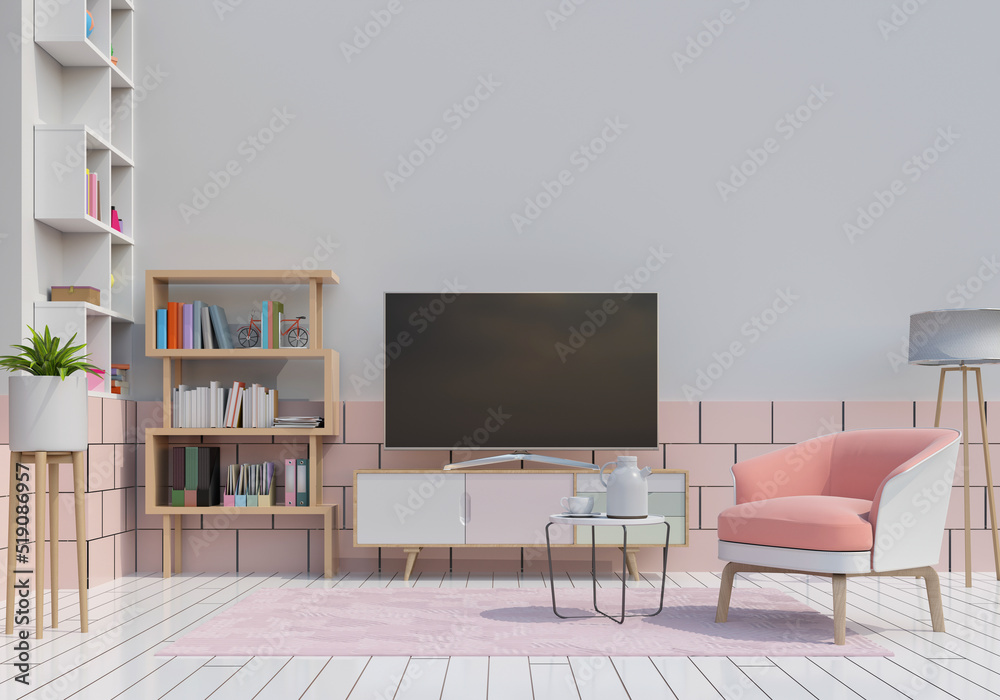 3D rendering of interior modern living room with Smart TV, cabinet, and decorations.