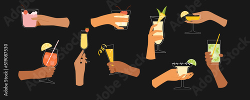 Set hand holding cocktail cheers and drinking toast. Glasses with alcohol isolated. People celebrating in summer with cold drinks. Concept of spending weekend outdoors. Vector flat design.