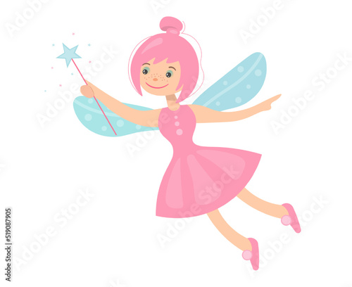 Little fairy. Cute fantasy magical baby with wings and a magic wand. Cartoon fairy tale character. Flat design concept style element. Vector isolated illustration.