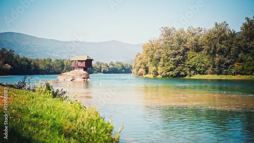 A beautiful view of the Lonely house on the river Drina in Bajina Basta, Serbia. Meditative calm footage. 