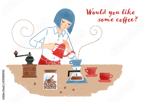 コーヒーを入れる女性の手描き風イラスト