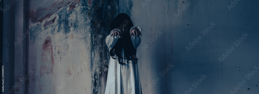 Naklejka premium Girl ghost woman death the horror is screaming darkness and nightmare background of scary fear on hell is monster devil in halloween festival.