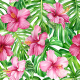 Watercolor tropical pattern. Palm leaves, tropical pink hibiscus flowers. Seamless flora