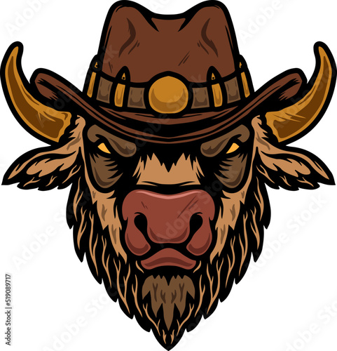 Illustration of buffalo in cowboy hat. Design element for poster, t shirt, sign. Vector illustration
