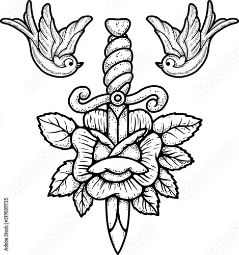 Illustration of dagger with rose and swallows in tattoo style. Vector vintage illustration