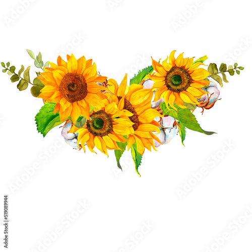 Bouquet of yellow sunflowers, and white cotton flowers, watercolor on a white background. Sunlight, sun flower. For the design of stationery, textiles, clothes, pillows, stickers