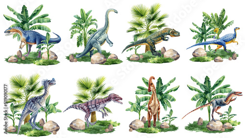 Realistic dinosaur isolated on white background. Hand painted watercolor dinosaurs illustration set. © Hanna
