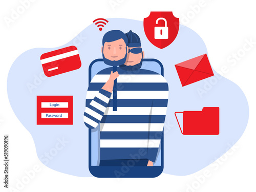 Criminal hacker holding friends mask for hacking on mobile phone screen stealing money ,cyber crime, theft of personal data, password, credit card flat vector illustration.