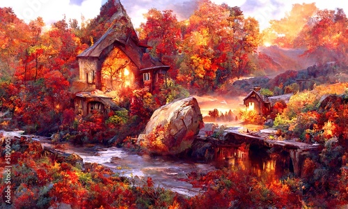 A cozy village house among the trees on the river bank. Autumn beautiful landscape. Digital painting illustration.
