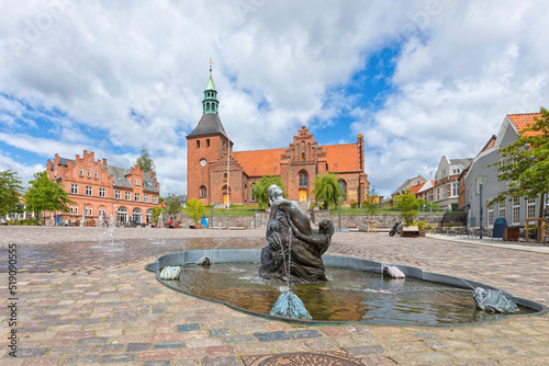 Town square at Svendborg with Church Of Our Lady and Mermaid Fountain photo