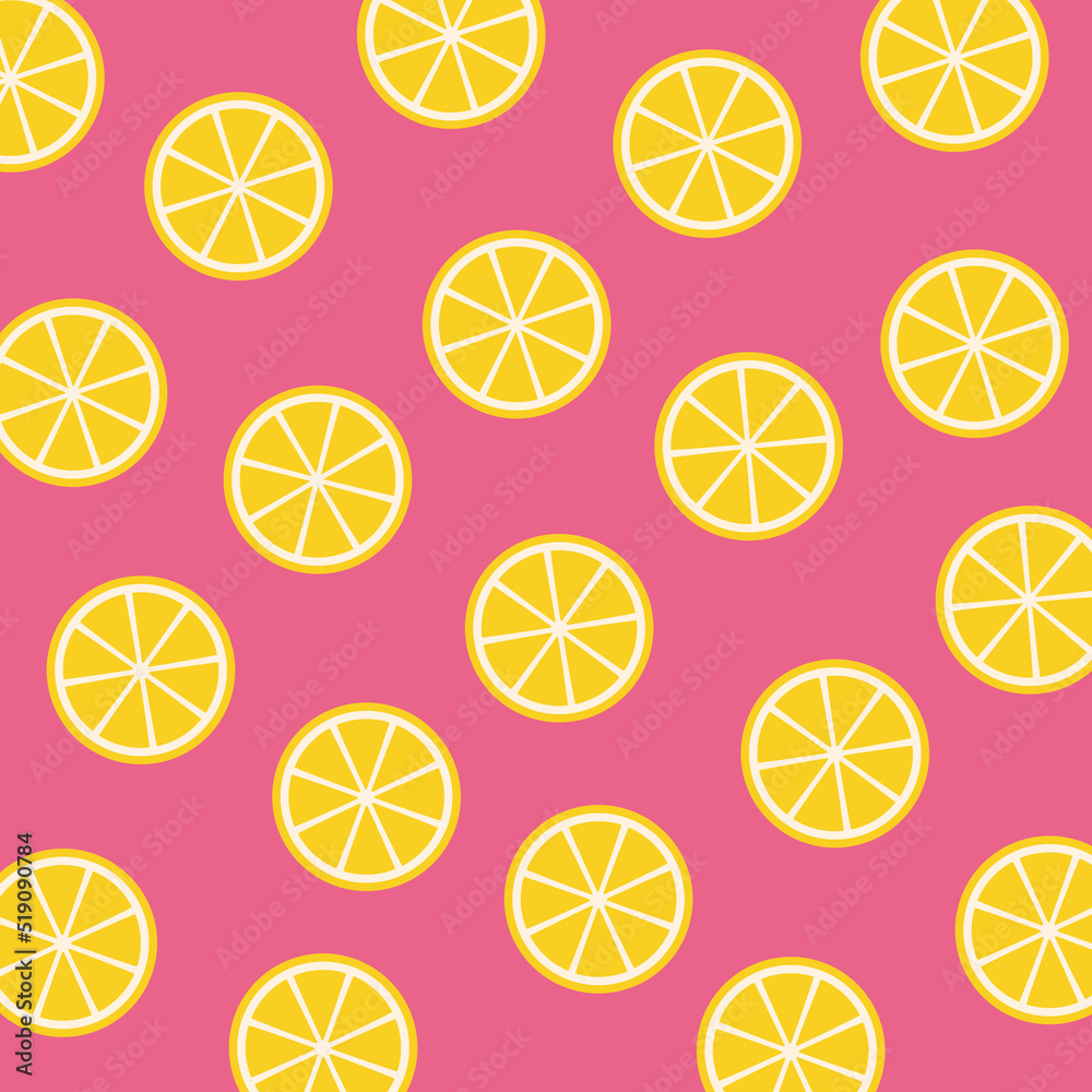 Pattern of slices of yellow lemons isolated on pink background. Vector illustration.