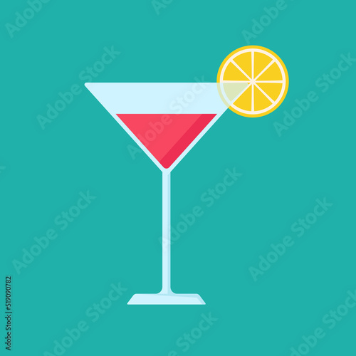 Flat icon glass of cocktail cosmopolitan with a slice of lemon isolated on turquoise background. Vector illustration.