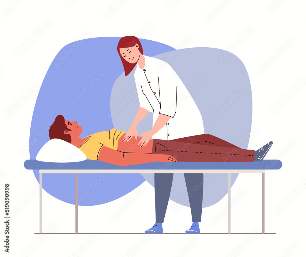 Man in hospital with symptoms of abdominal pain Physician palpates