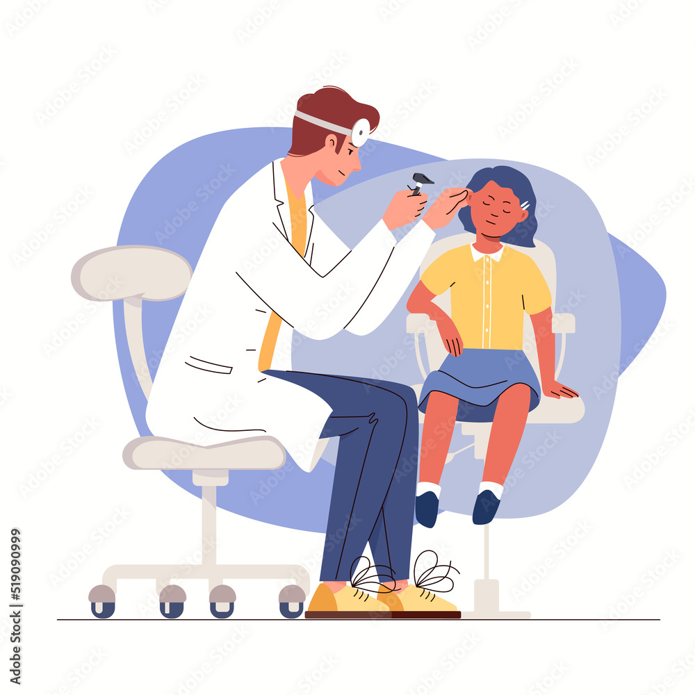 Otolaryngologist examines child. girl on medical examination by doctor. ENT checkup ears of small patient. Vector illustration flat cartoon isolated white background.

