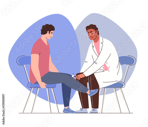 Male neurologist examines patient, checks reaction with reflex hammer. Young man at planned medical examination in hospital. Vector characters flat cartoon illustration.