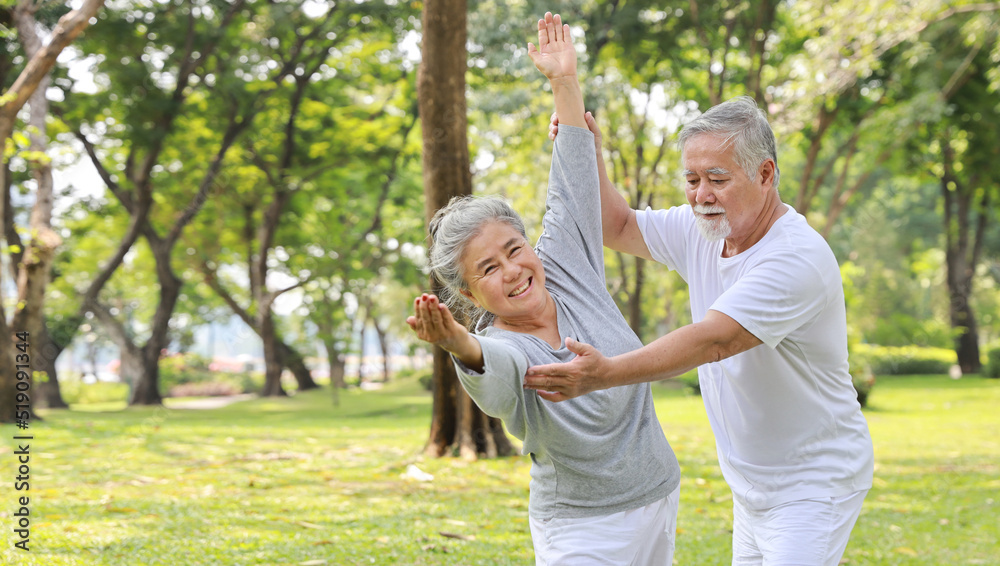 Fototapeta premium Asian senior couple practice yoga excercise, tai chi tranining, stretching and meditation together with relaxation for healthy in park outdoor after retirement. Happy elderly outdoor lifestyle concept