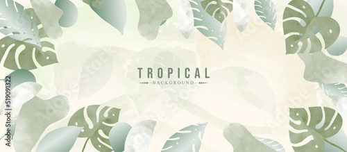 Summer background with tropical leaves and plants. Luxury cover design with text, golden texture and brush style. floral art for wall decoration and prints.