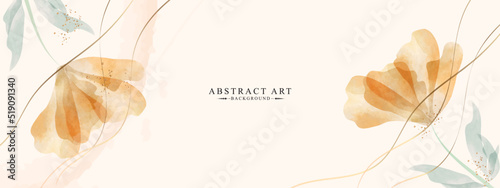 Abstract background watercolor gentle flower and gold splash. golden line art flower and botanical leaves, Organic shapes, Watercolor. Vector background for banner, poster, Web and packaging.