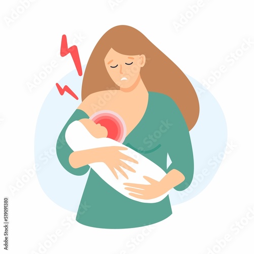 A sad, sick woman with mastopathy is breastfeeding a baby. Breastfeeding.