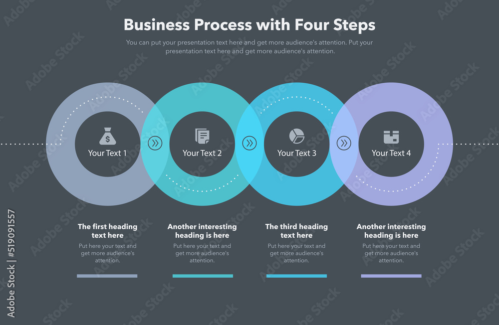 Modern business process template with four steps - dark version. Slide for business presentation.