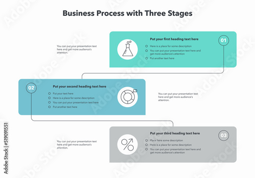 Simple vertical business process template. Concept of three stages with minimalistic icons.