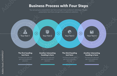 Modern business process template with four steps - dark version. Slide for business presentation.