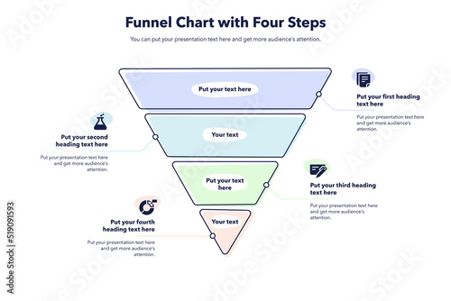 Funnel chart template with four colorful steps. Creative diagram divided into four steps with minimalistic icons.