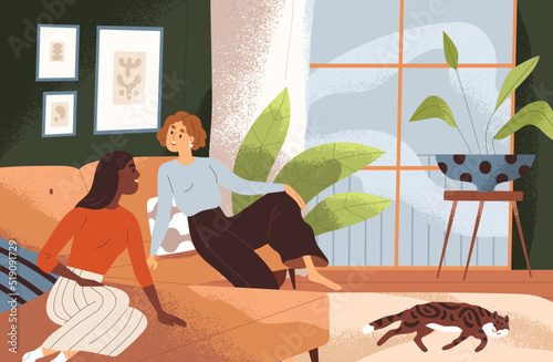 Women friends talking, sitting on sofa in living room at home. Happy young girls relaxing, chatting on couch in modern comfy house. Couple of girlfriends communication. Flat vector illustration