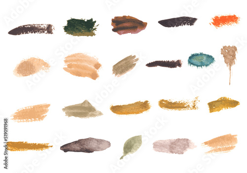Abstract watercolor stains, ink, brushstroke. colorful watercolor brush stroke collection. Collection of red, orange, yellow, pink, purple, blue, green, brown watercolor brushstrokes isolated on whit

