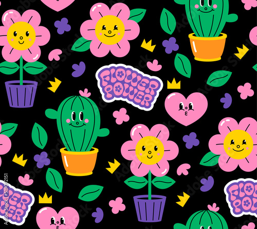 Flower power seamless pattern background in flat vintage cartoon style.