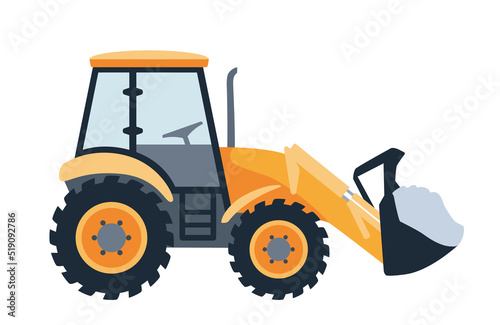 Vector icon of loader, illustration of heavy equipment with excavator bucket, construction tractor in flat style