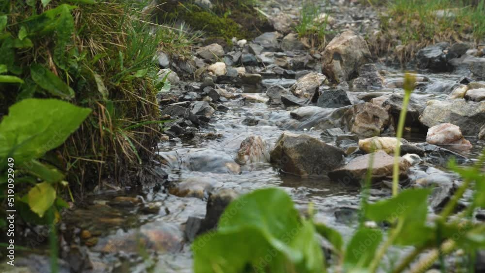 This is a slow motion shot of a small clear stream flowing among the rocks in the mountains. Green grass in the foreground and background. The beauty of nature This is a slow motion shot of a small clear stream flowing among the rocks in the mountains. Green grass in the foreground and background. The beauty of nature