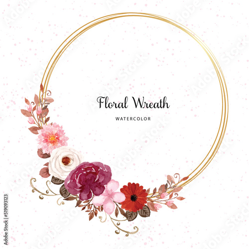 Pretty White And Red Rustic Watercolor Flower With Golden Frame