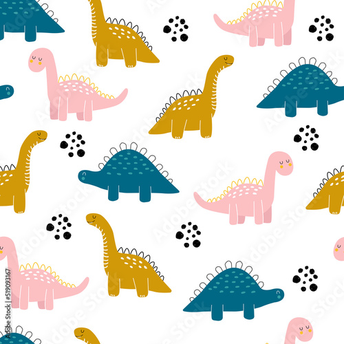 Vector hand drawn pattern with dinosaurs. Cute dino with dots in doodle style. Children's wallpaper.