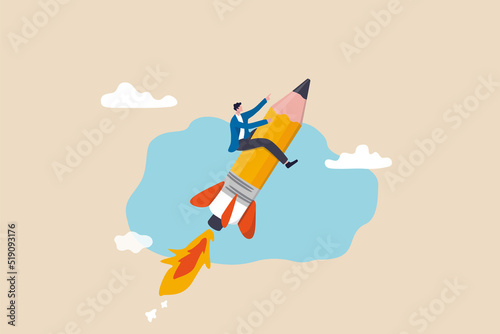 Pencil rocket as education, creativity or fun idea, imagination or creative freedom, launch new project or business improvement concept, young adult creative man riding pencil rocket flying in the sky photo
