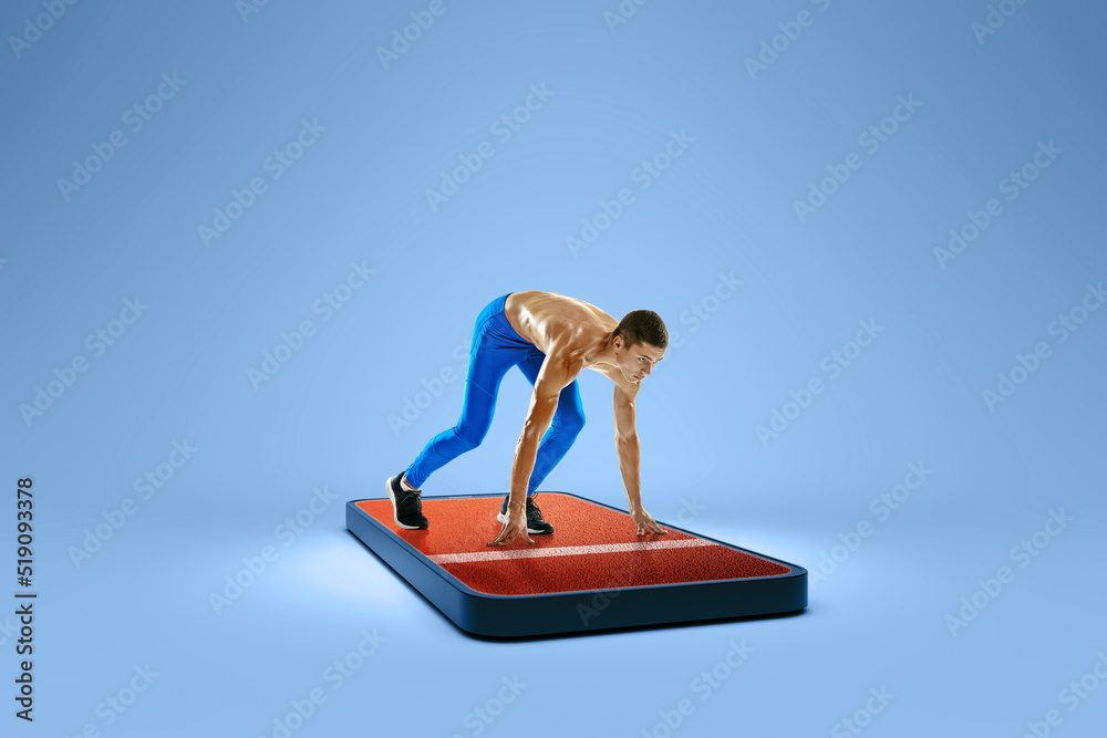 Young man, runner or jogger getting ready to start standing on 3d phone screen over blue background. Sport games, online watching sports events. Collage Young man, runner or jogger getting ready to start standing on 3d phone screen over blue background. Sport games, online watching sports events. Collage