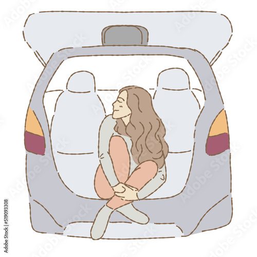 Young woman sitting at the back seat in the car, girl relaxing on the open car's back boot. Road trip. Hand drawn flat vector illustration cartoon character isolated on white background