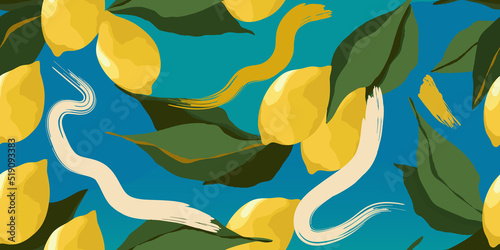 Hand drawn artistic lemon pattern. Abstract organic shapes print. Collage contemporary design. 