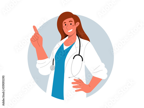 Smiling female doctor with stethoscope pointing with finger.Vector flat