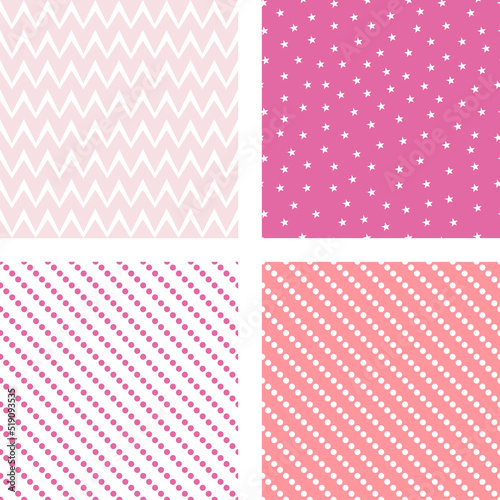 Set of pink patterns for a girl with stars and polka dots