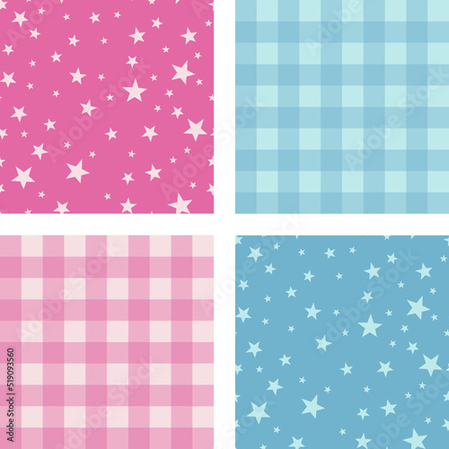 Tiled children's pink and blue vector pattern with stars and checkered plaid