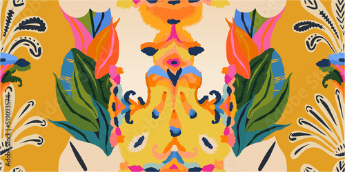 Hand drawn trendy mixed ethnic style print. Dynamic bright abstract botanical illustration. Fashionable template for design. 