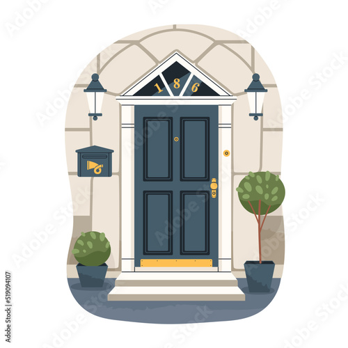Front house door. Entrance, doorway exterior. Facade with entry, potted stree...