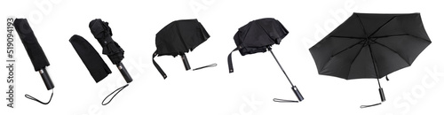 Black rain umbrella set isolated on white photo