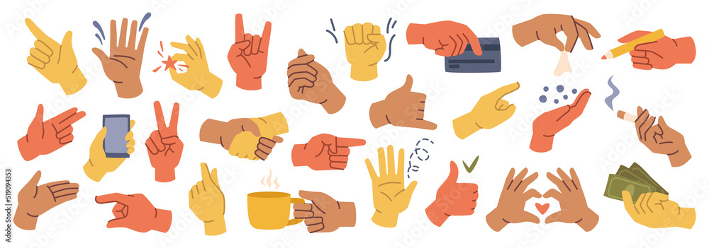 Set of hands gestures in doodle style isolated gesturing human arms. Vector man or woman hands showing peace sign, heart and money, handshake. Fingers with cigarette, pencil and bank card Set of hands gestures in doodle style isolated gesturing human arms. Vector man or woman hands showing peace sign, heart and money, handshake. Fingers with cigarette, pencil and bank card