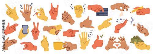 Fototapeta Naklejka Na Ścianę i Meble -  Set of hands gestures in doodle style isolated gesturing human arms. Vector man or woman hands showing peace sign, heart and money, handshake. Fingers with cigarette, pencil and bank card