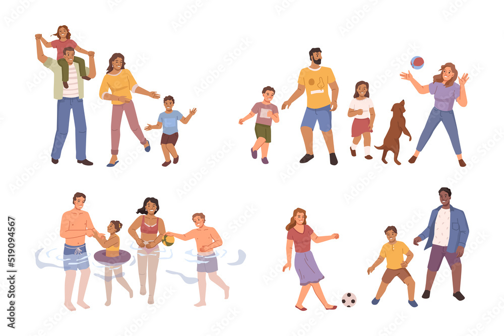 Family bonding and spending time together, isolated parents and kids playing football, ball or swimming. Seaside holidays or weekends. Flat cartoon, vector in flat style